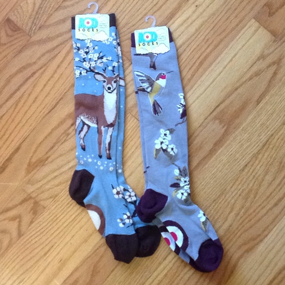 2 pair Mod Socks Blue deer & Gray hummingbird